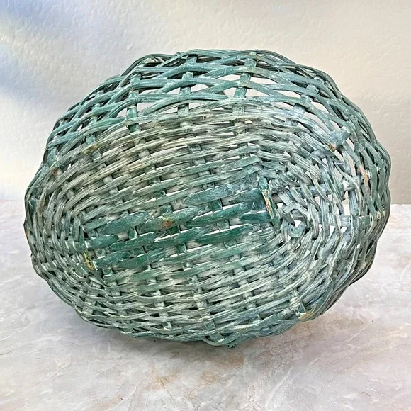 Antique Medium Woven-splint Basket Single Handle Distressed Blue Green Decor